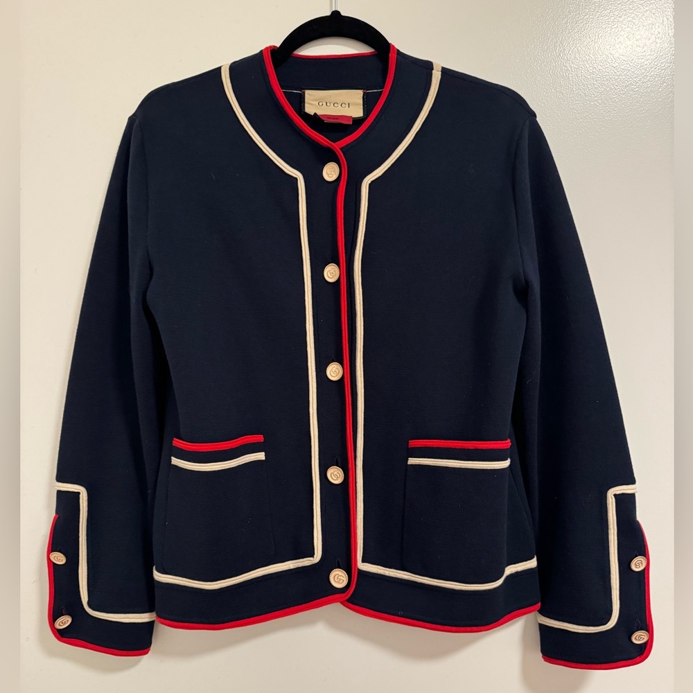 Gucci Blue and Red Cardigan Sweater with Collegiate Aesthetic